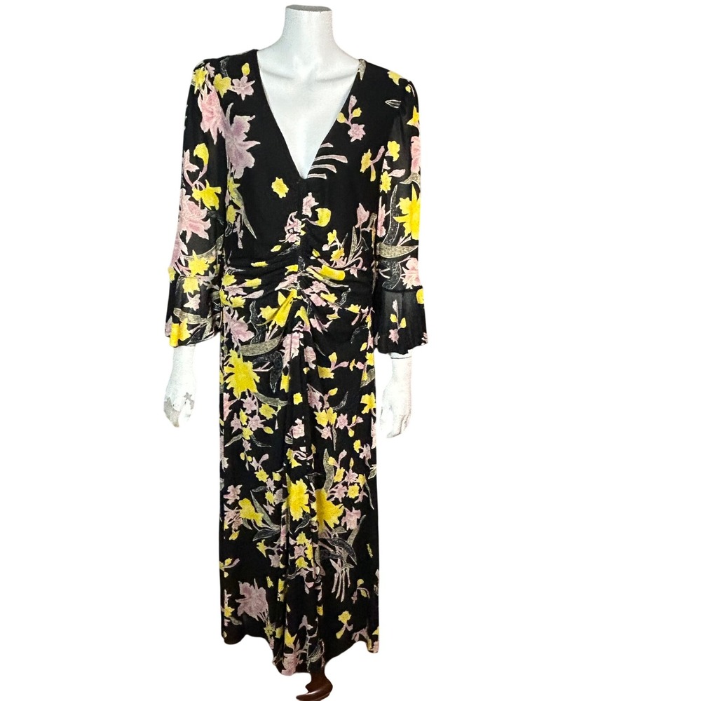 Diane von Furstenberg DVF Floral Maxi Dress XL Long Black Floral Ruched Mesh